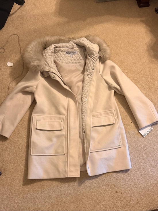 Nine West Jackets & Blazers - Nine West Women's Cream Hooded Wool-Blend Coat with Faux Fur Trim